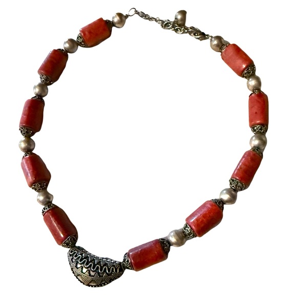 Red Coral Silver Bead Necklace Chunky Ethnic Tribal - Picture 3 of 8